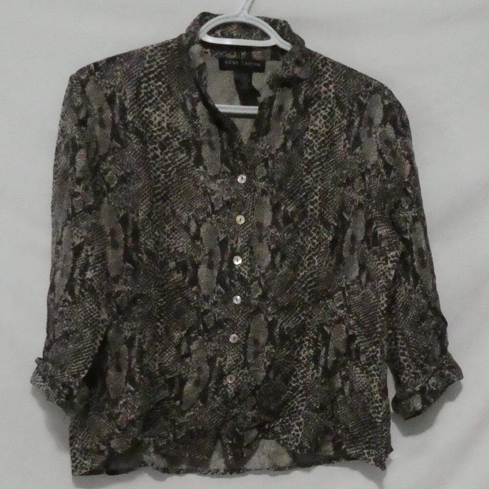 ANNE CARSON | medium | Silk Button-Up Snake Print Blouse | Rolled Cuffs